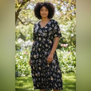 Bentley Plus Size 20W Black Floral Button Front Tunic Dress